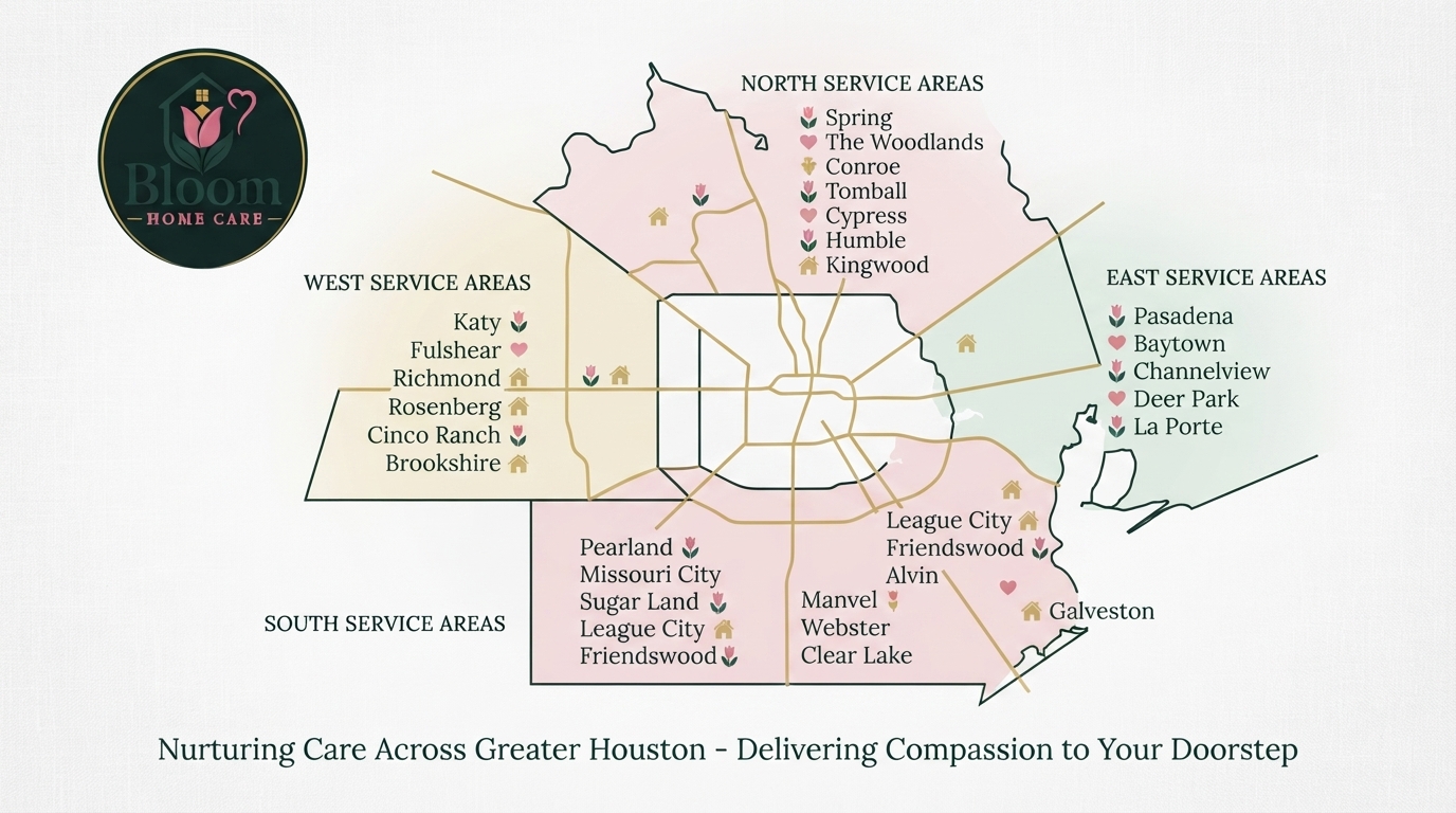 Bloom Home Care service coverage area map showing Katy, TX and surrounding areas