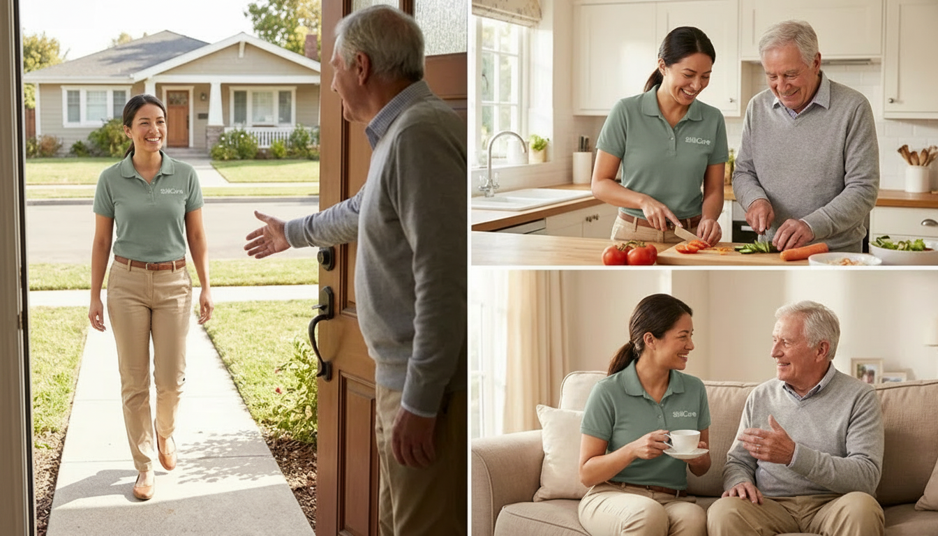 Bloom Home Care caregiver greeting a client at their front door, preparing a meal together in the kitchen, and sharing conversation over coffee on the couch