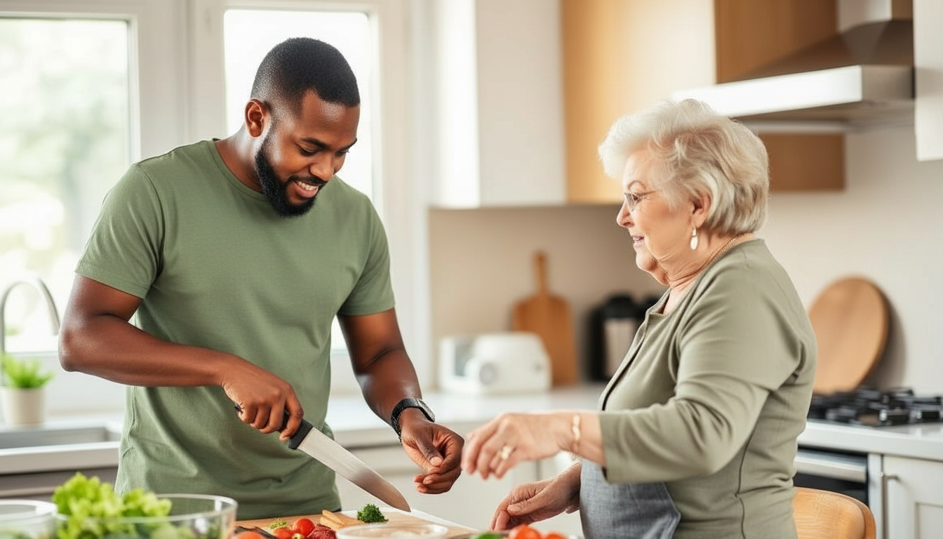 Caregiver and client cooking a meal together