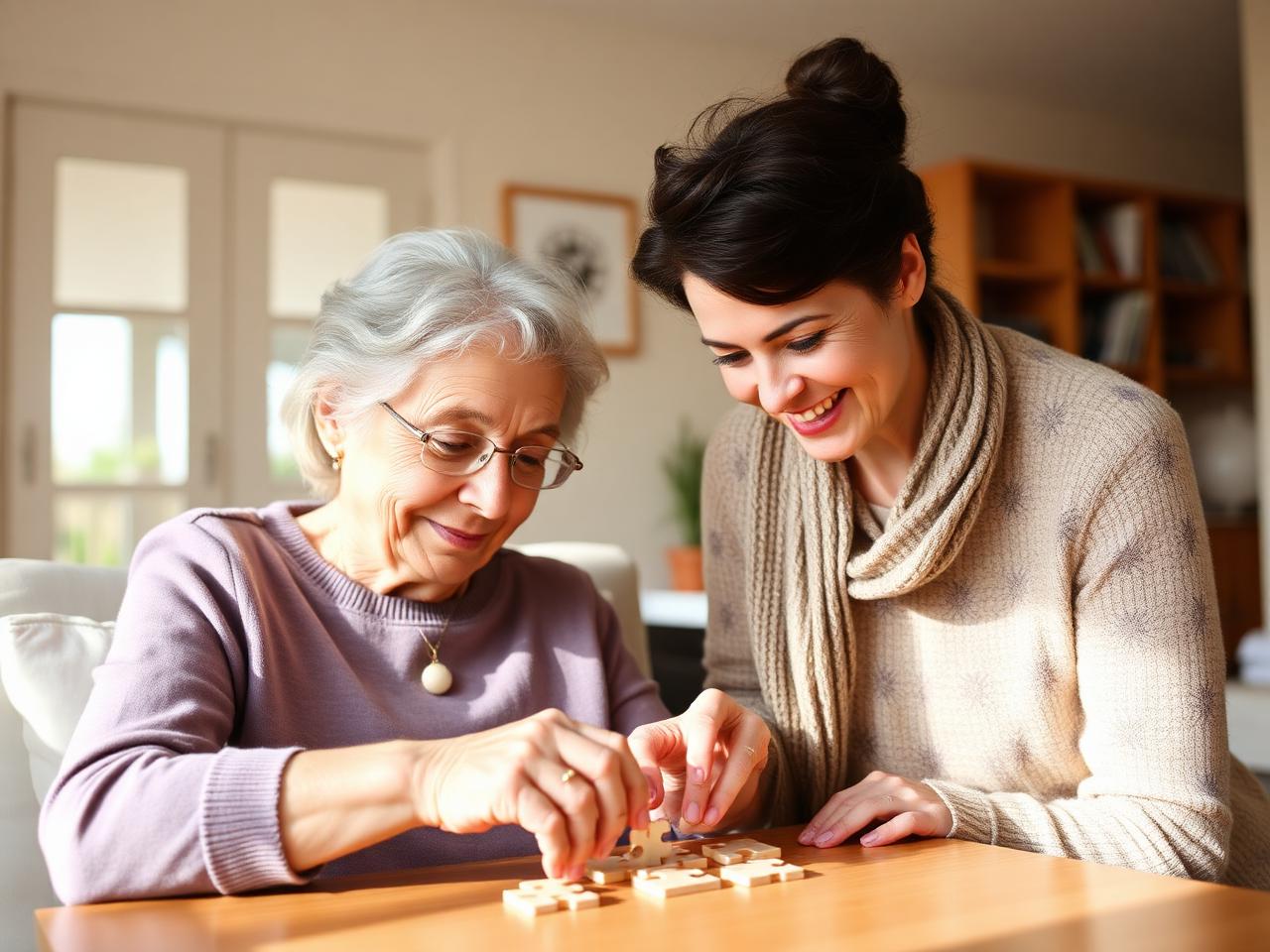 Caregiver engaging a senior in a gentle cognitive activity