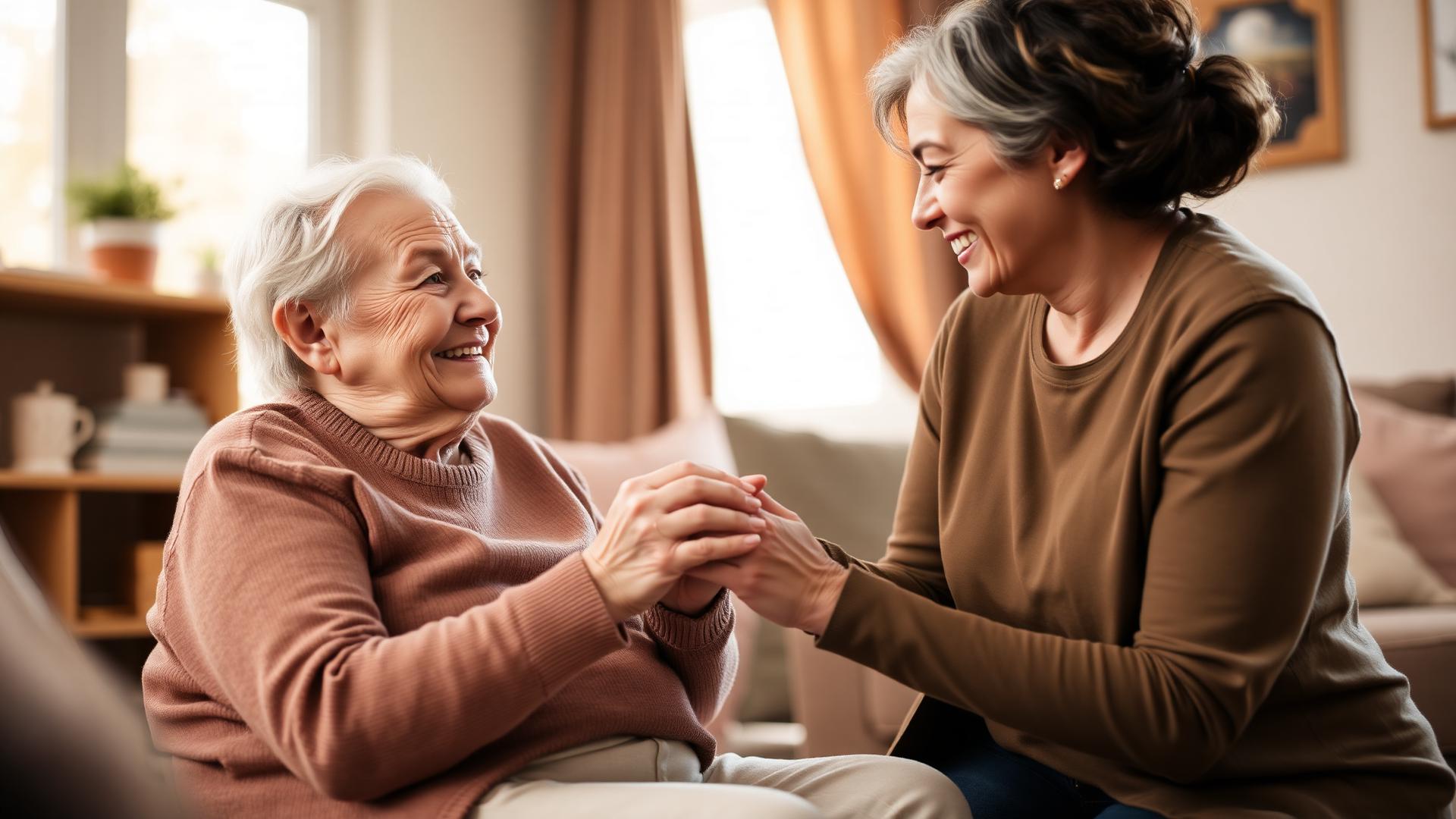 Caregiver providing gentle dementia care support in a home setting