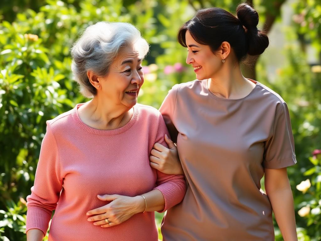Caregiver and client enjoying a garden walk together