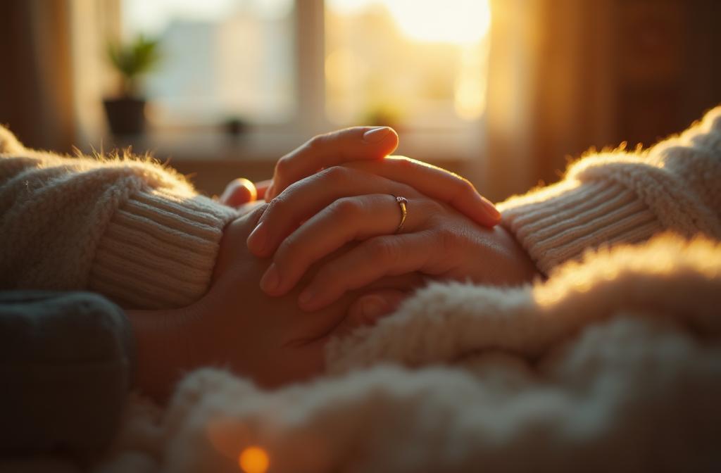 Bloom Home Care caregiver and senior client holding hands in a warm, trusting moment — home care in Katy, TX