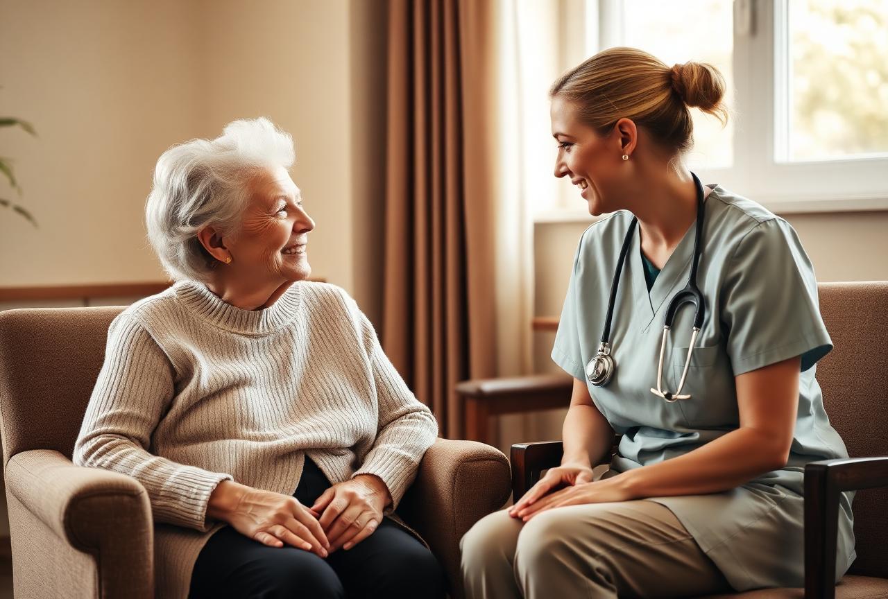 Caregiver providing one-on-one companionship in an assisted living facility