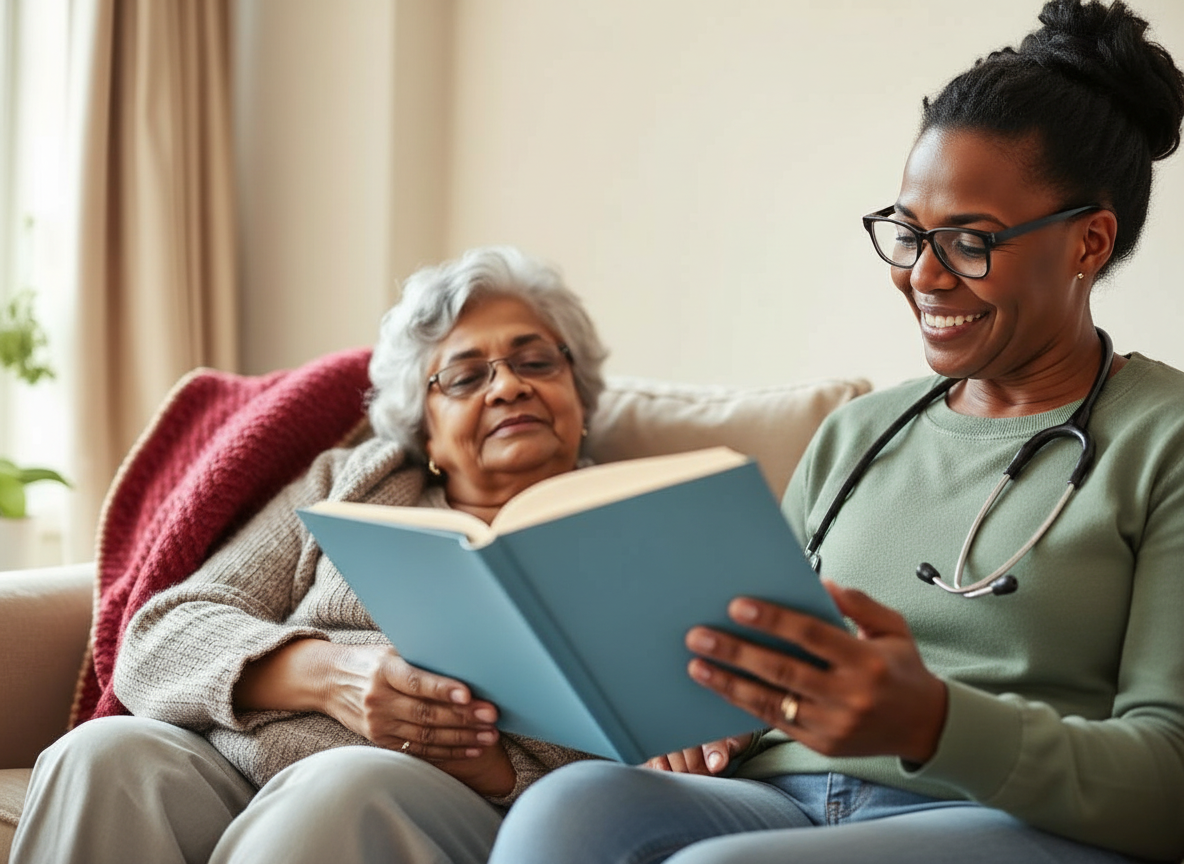 Caregiver and senior reading together at home — personalized in-home care plans in Katy, TX