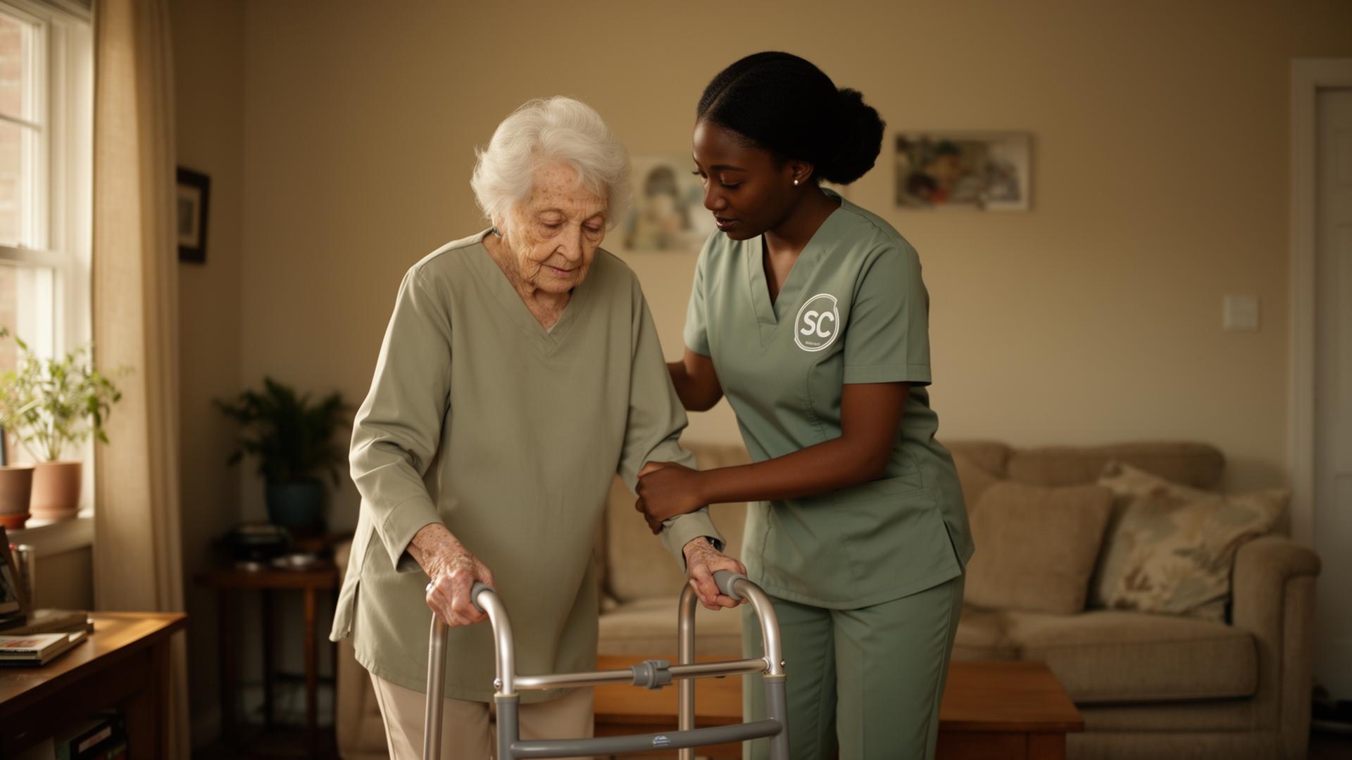 Caregiver assisting elderly woman with walker
