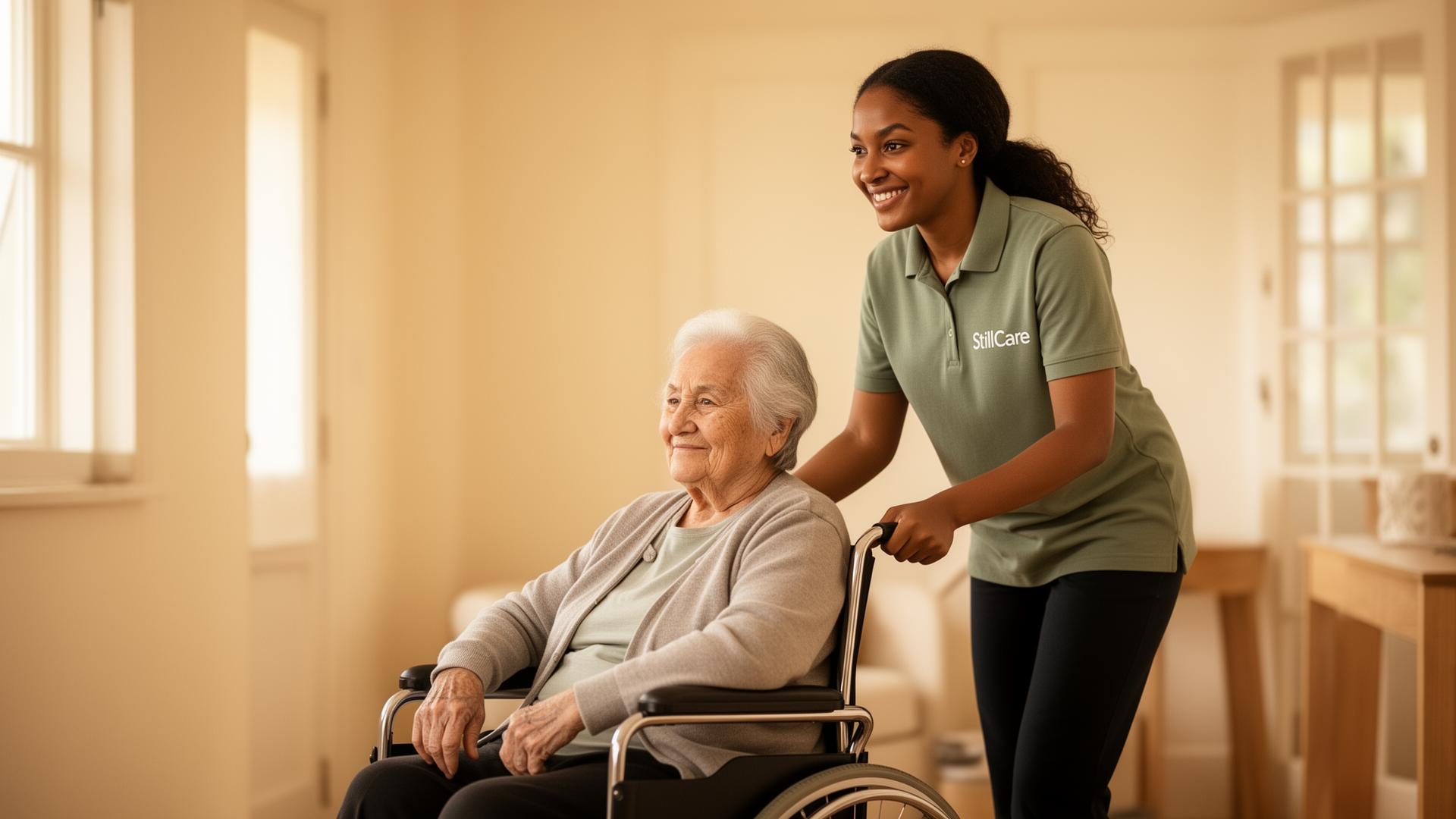 Caregiver assisting client in wheelchair outdoors